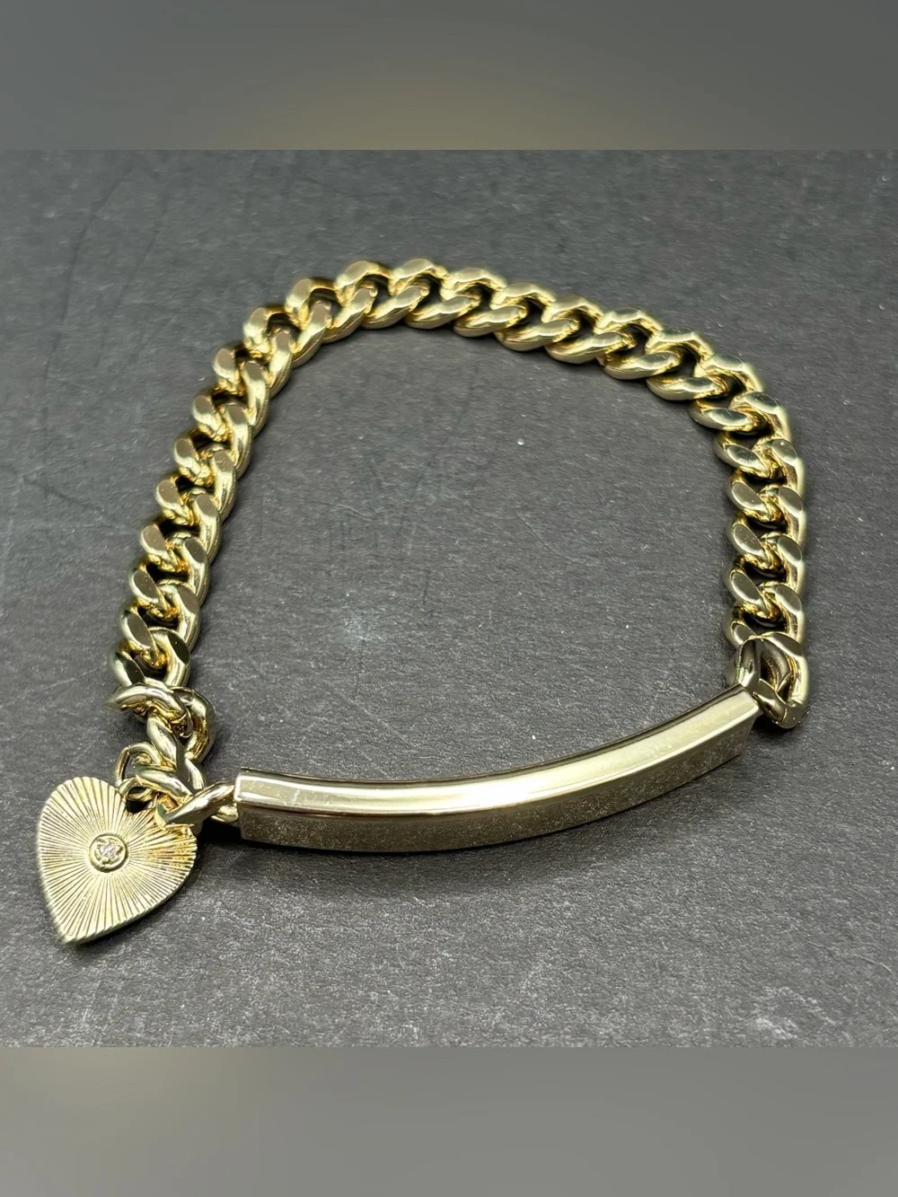 Vintage Speidel USA Gold Tone Engravable ID Bracelet Heart Rhinestone Charm 7”